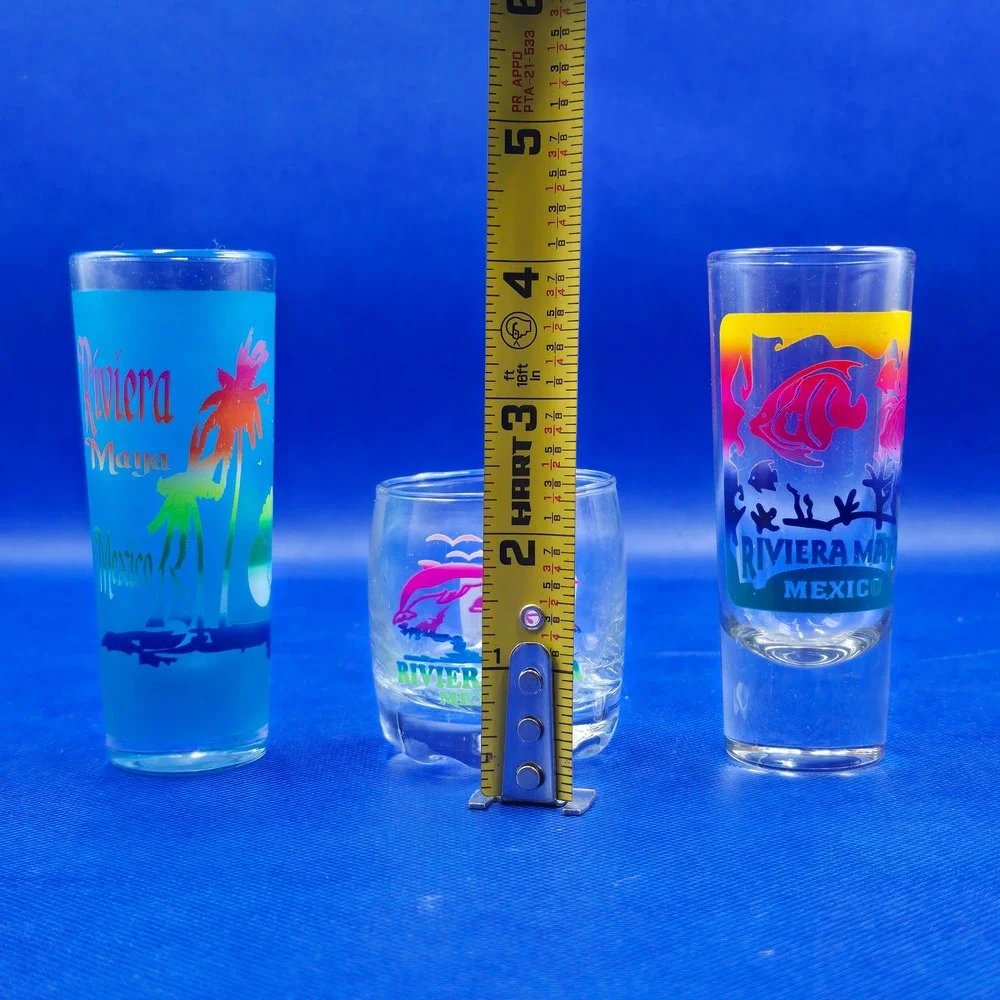 Riviera Maya Mexico Souvenir Shot Glasses Set of 3 Dolphin Fish Palm Tree